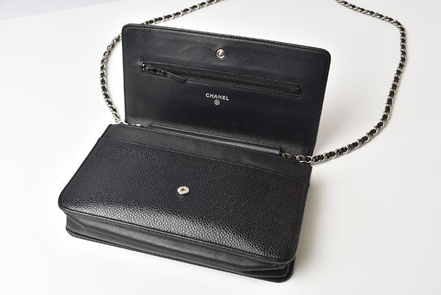Chanel Caviar Skin Chain Wallet Shoulder Bag Black Silver Hardware