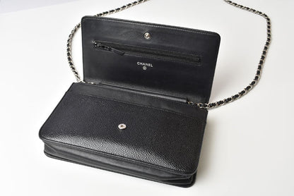 Chanel Caviar Skin Chain Wallet Shoulder Bag Black Silver Hardware