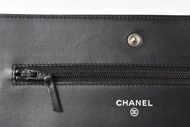 Chanel Caviar Skin Chain Wallet Shoulder Bag Black Silver Hardware