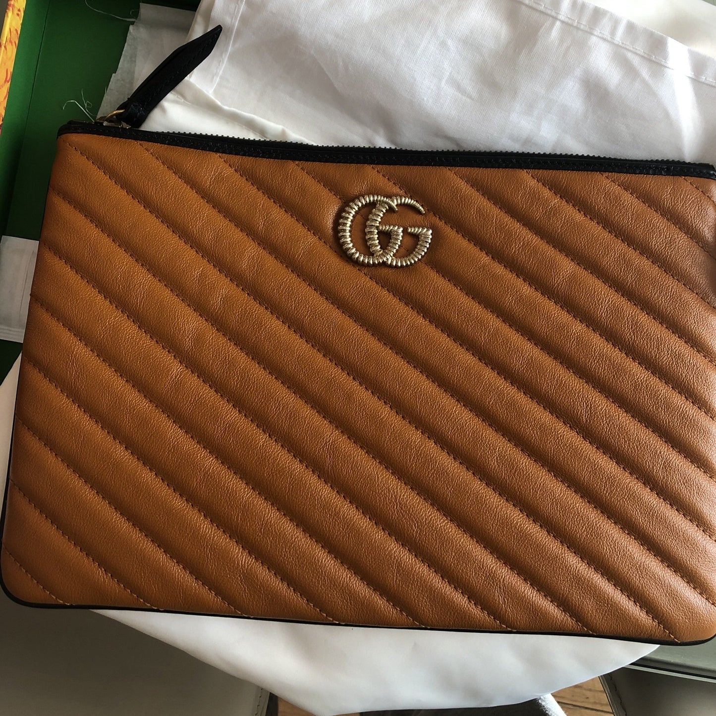 Gucci Calfskin GG Marmont Quilted Leather Pouch in Vaccha Brown