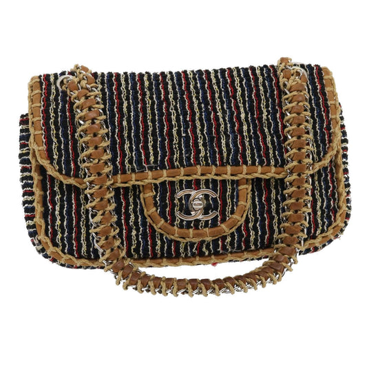 CHANEL Matelasse Tweed Turn Lock Chain Shoulder Bag Navy Brown CC nh616A