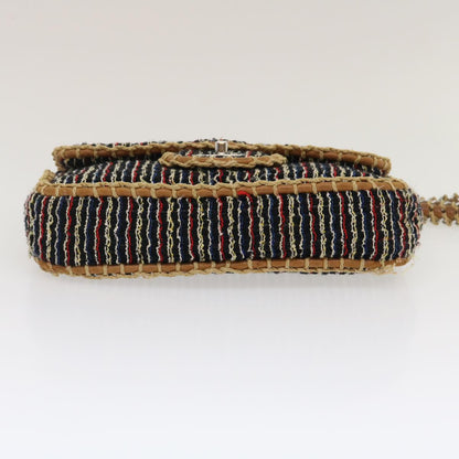 CHANEL Matelasse Tweed Turn Lock Chain Shoulder Bag Navy Brown CC nh616A