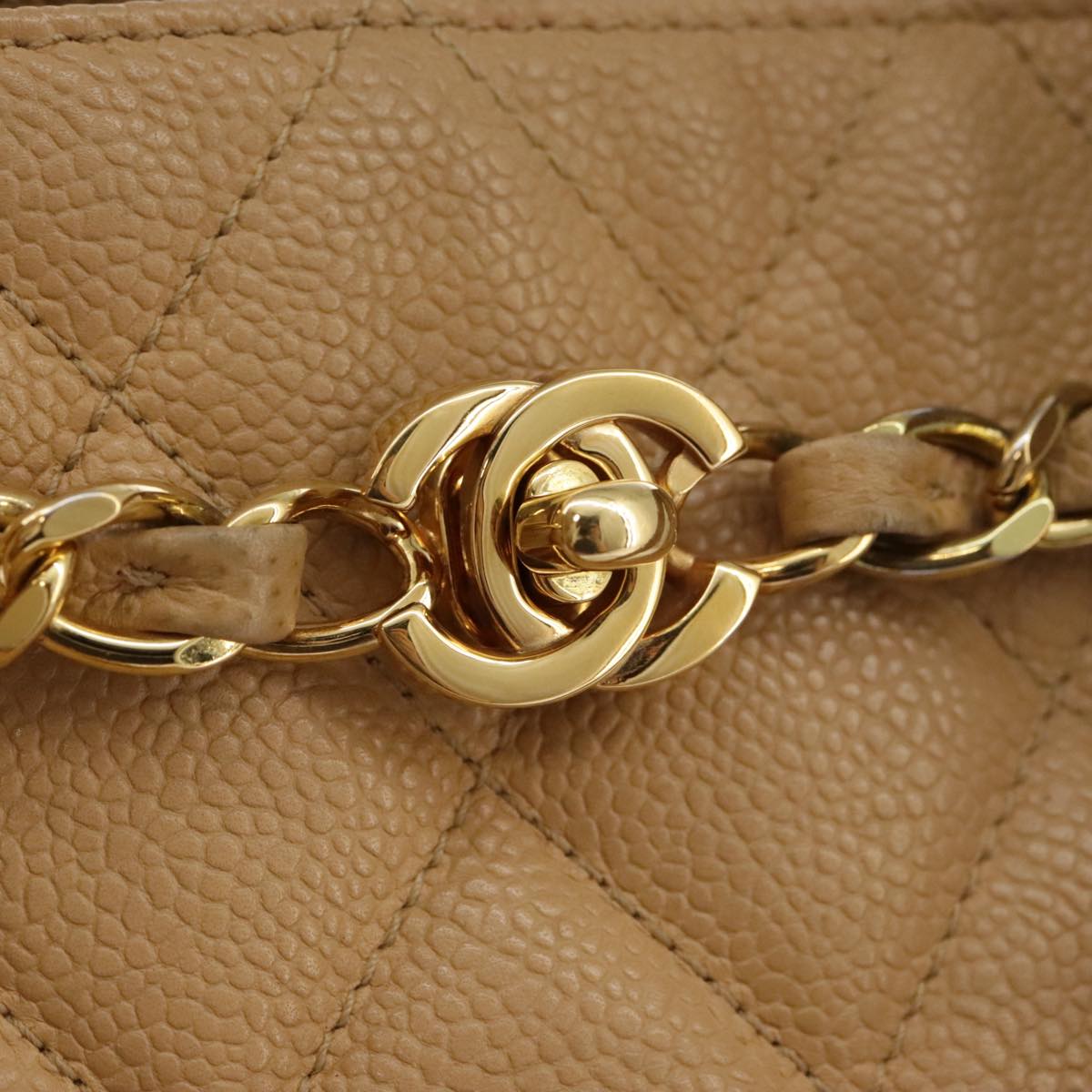 CHANEL Shoulder Bag Caviar Skin Beige Gold CC PP008
