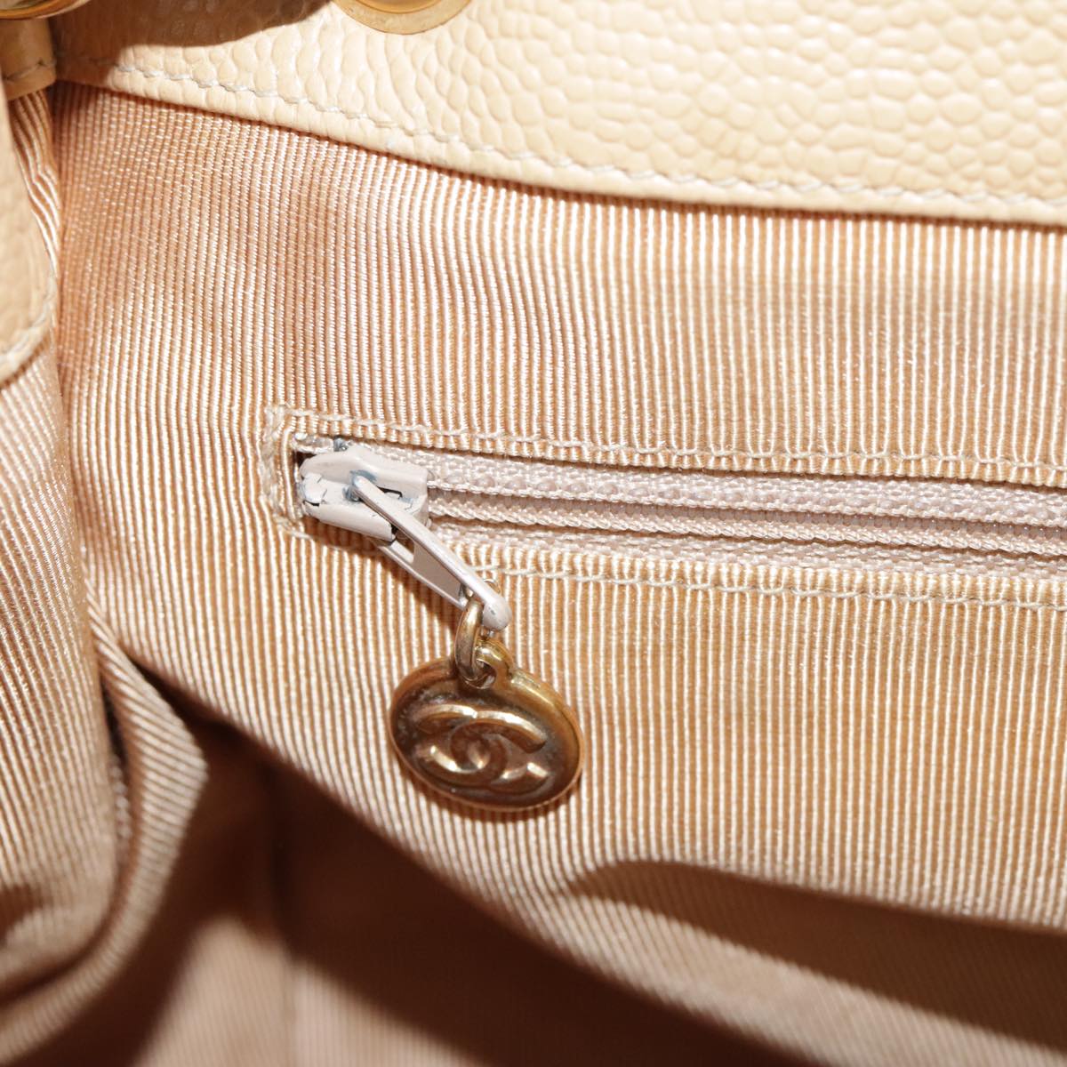 CHANEL Shoulder Bag Caviar Skin Beige Gold CC PP008