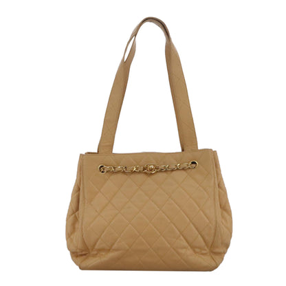 CHANEL Shoulder Bag Caviar Skin Beige Gold CC PP008