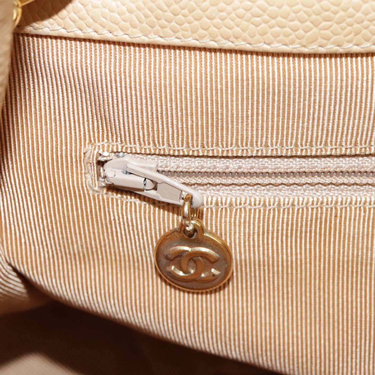 CHANEL Shoulder Bag Caviar Skin Beige Gold CC PP008
