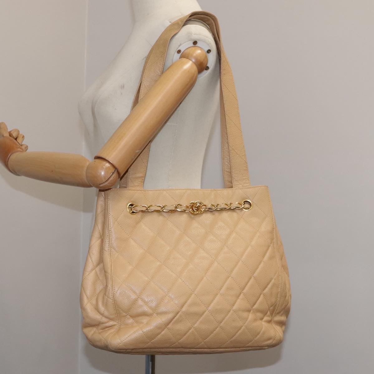 CHANEL Shoulder Bag Caviar Skin Beige Gold CC PP008