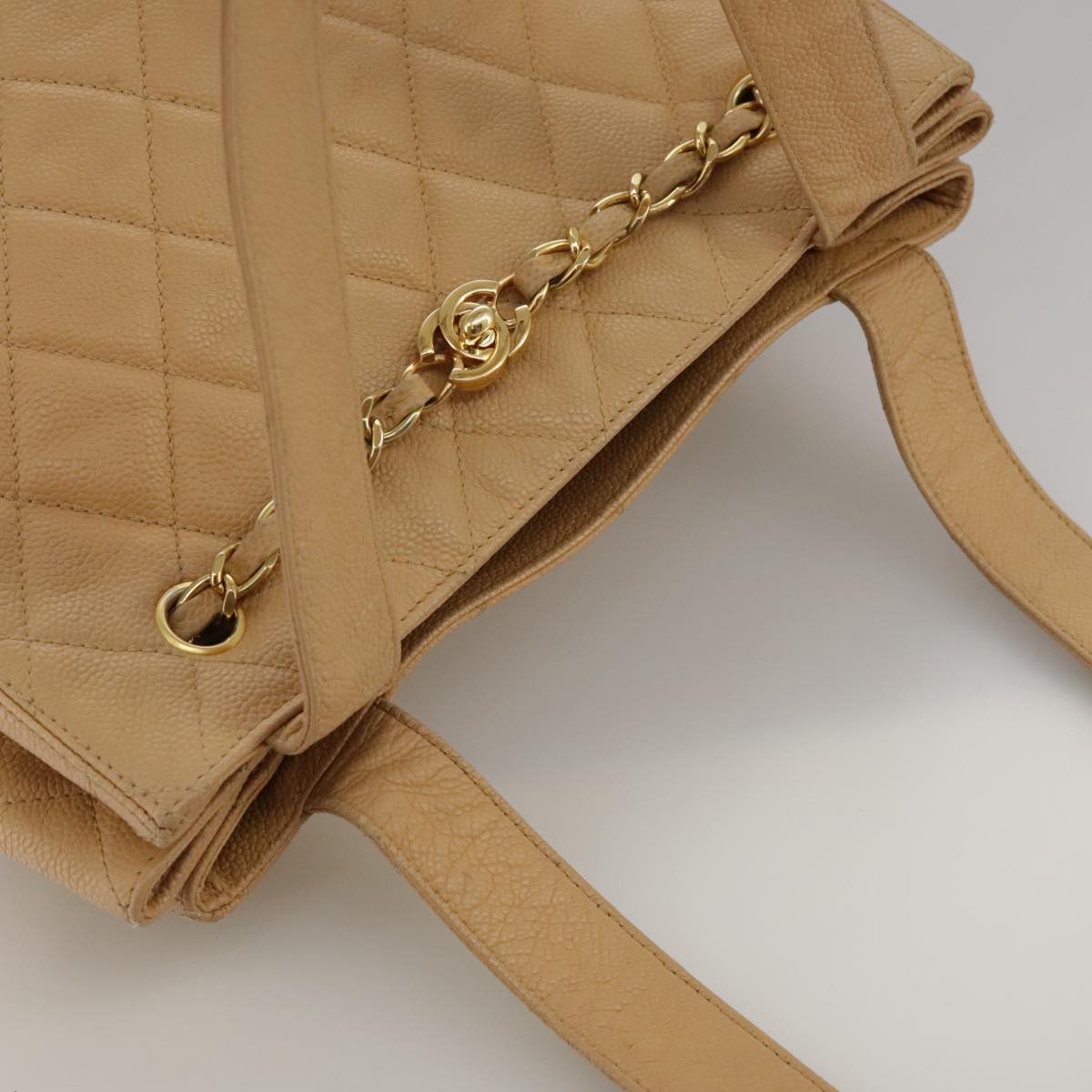 CHANEL Shoulder Bag Caviar Skin Beige Gold CC PP008