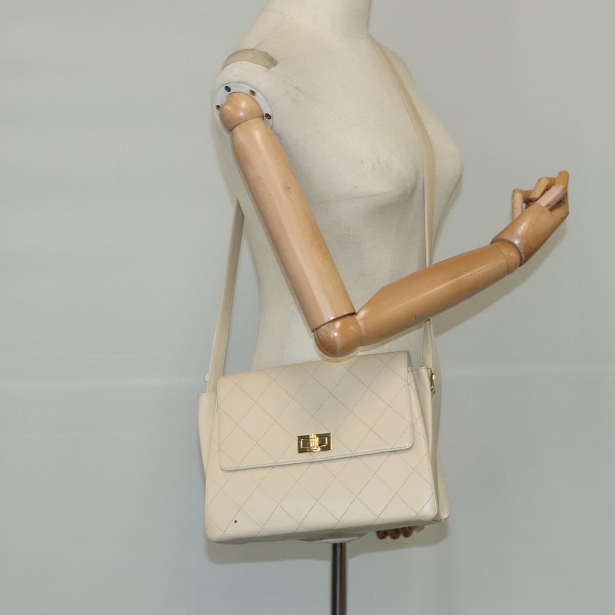 CHANEL Shoulder Bag Lamb Skin Beige Gold CC PP014