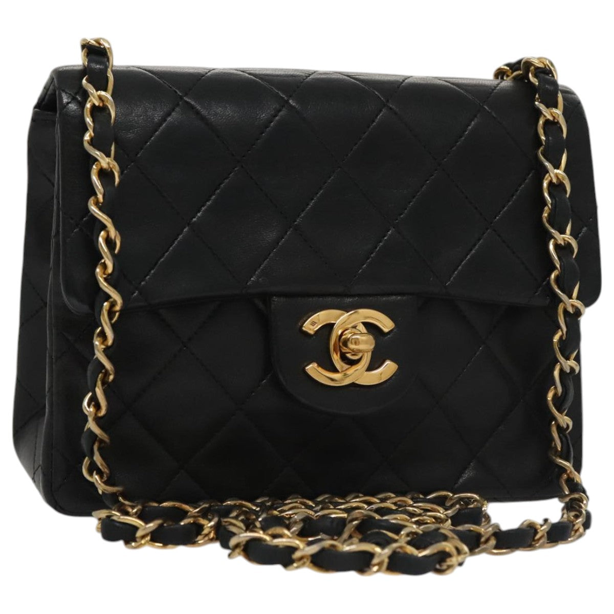 CHANEL Mini Materasse 17 Chain Shoulder Bag Lamb Skin Black Gold CC PP025