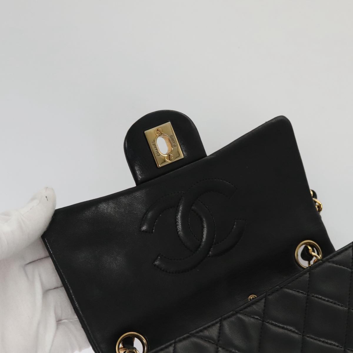 CHANEL Mini Materasse 17 Chain Shoulder Bag Lamb Skin Black Gold CC PP025