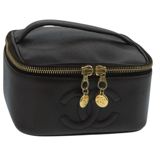 CHANEL Vanity Cosmetic Pouch Caviar Skin Dark Brown Gold CC PP026