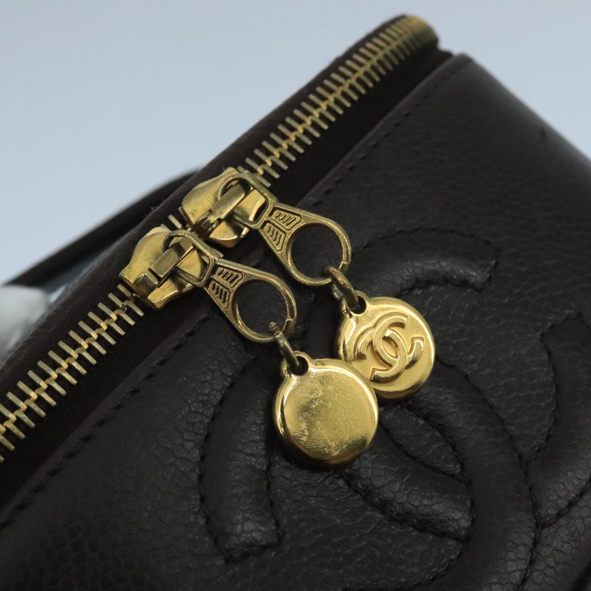 CHANEL Vanity Cosmetic Pouch Caviar Skin Dark Brown Gold CC PP026