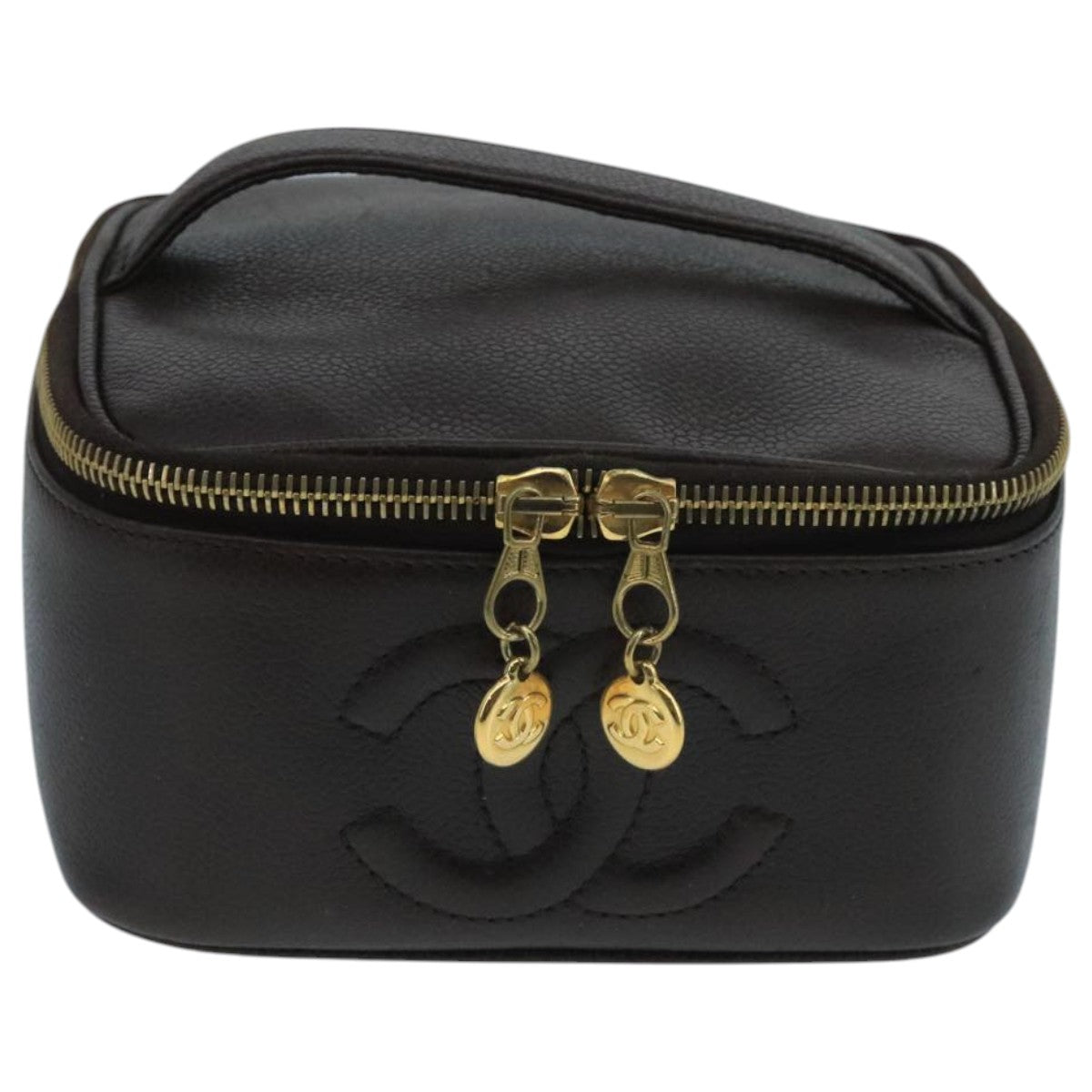 CHANEL Vanity Cosmetic Pouch Caviar Skin Dark Brown Gold CC PP026
