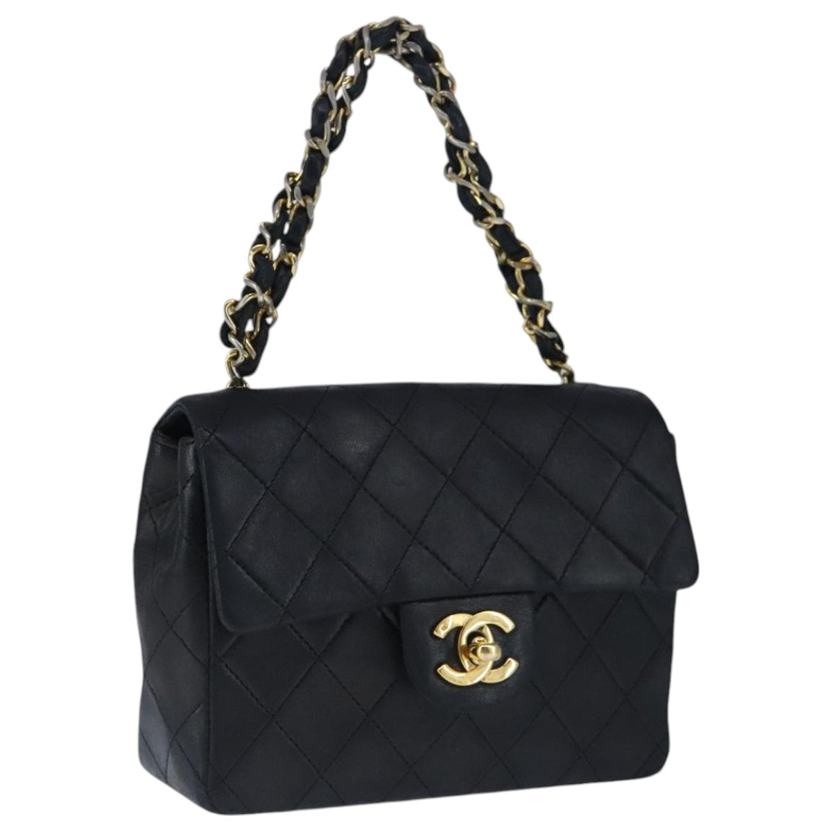 CHANEL Mini Materasse 17 Chain Hand Bag Lamb Skin Black Gold CC PP027