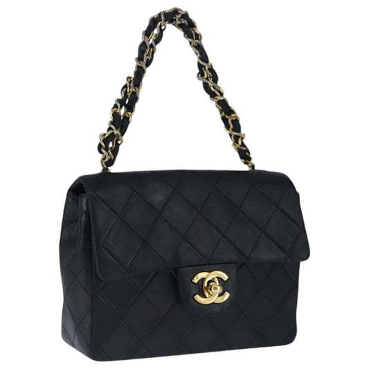 CHANEL Mini Materasse 17 Chain Hand Bag Lamb Skin Black Gold CC PP027