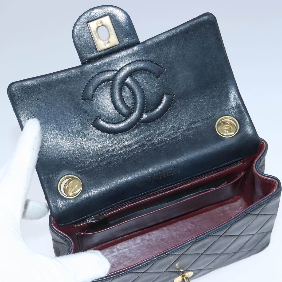 CHANEL Mini Materasse 17 Chain Hand Bag Lamb Skin Black Gold CC PP027