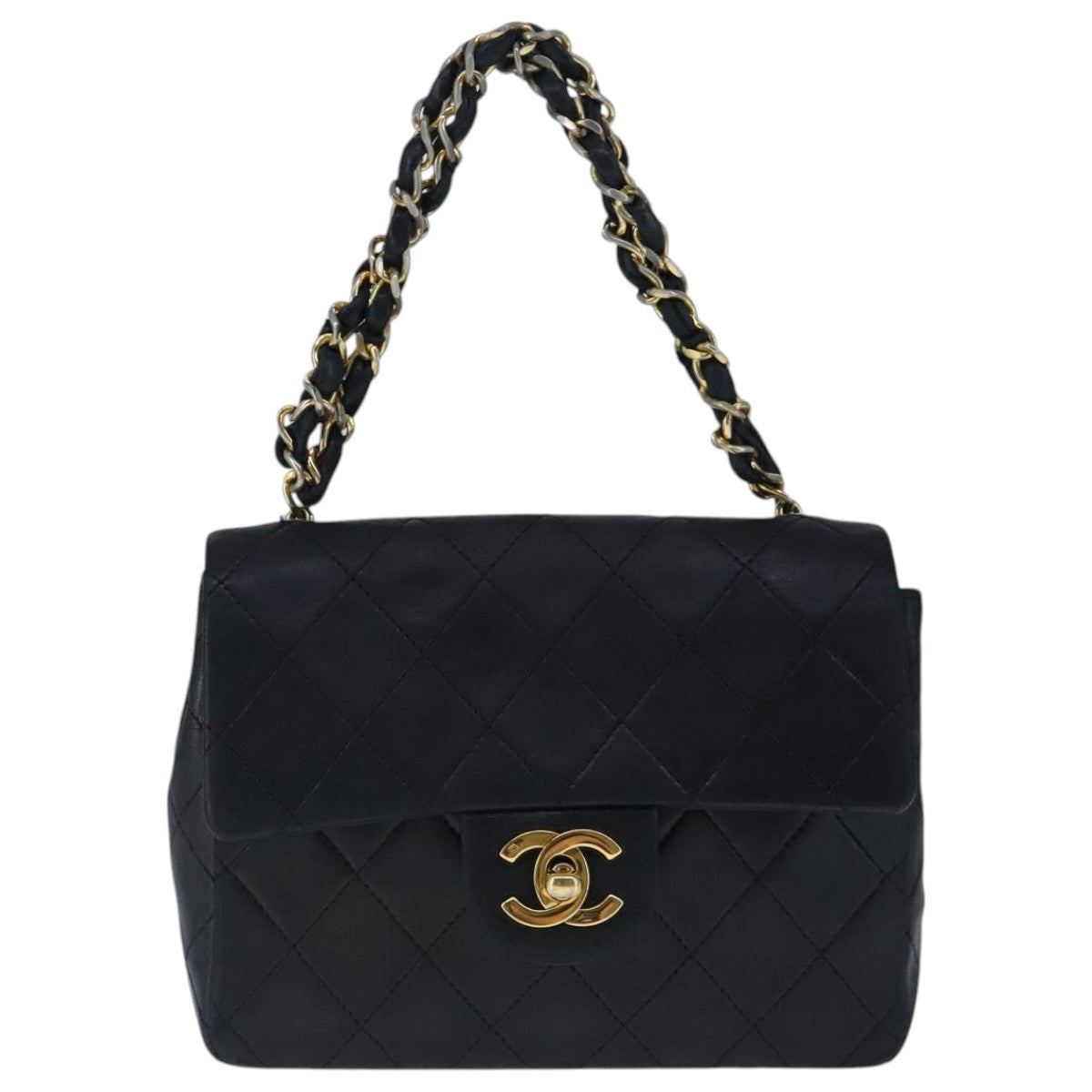 CHANEL Mini Materasse 17 Chain Hand Bag Lamb Skin Black Gold CC PP027