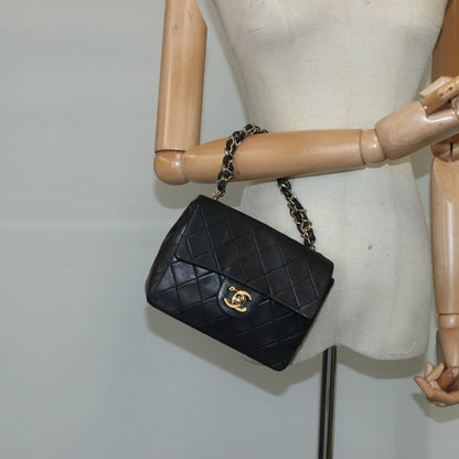 CHANEL Mini Materasse 17 Chain Hand Bag Lamb Skin Black Gold CC PP027