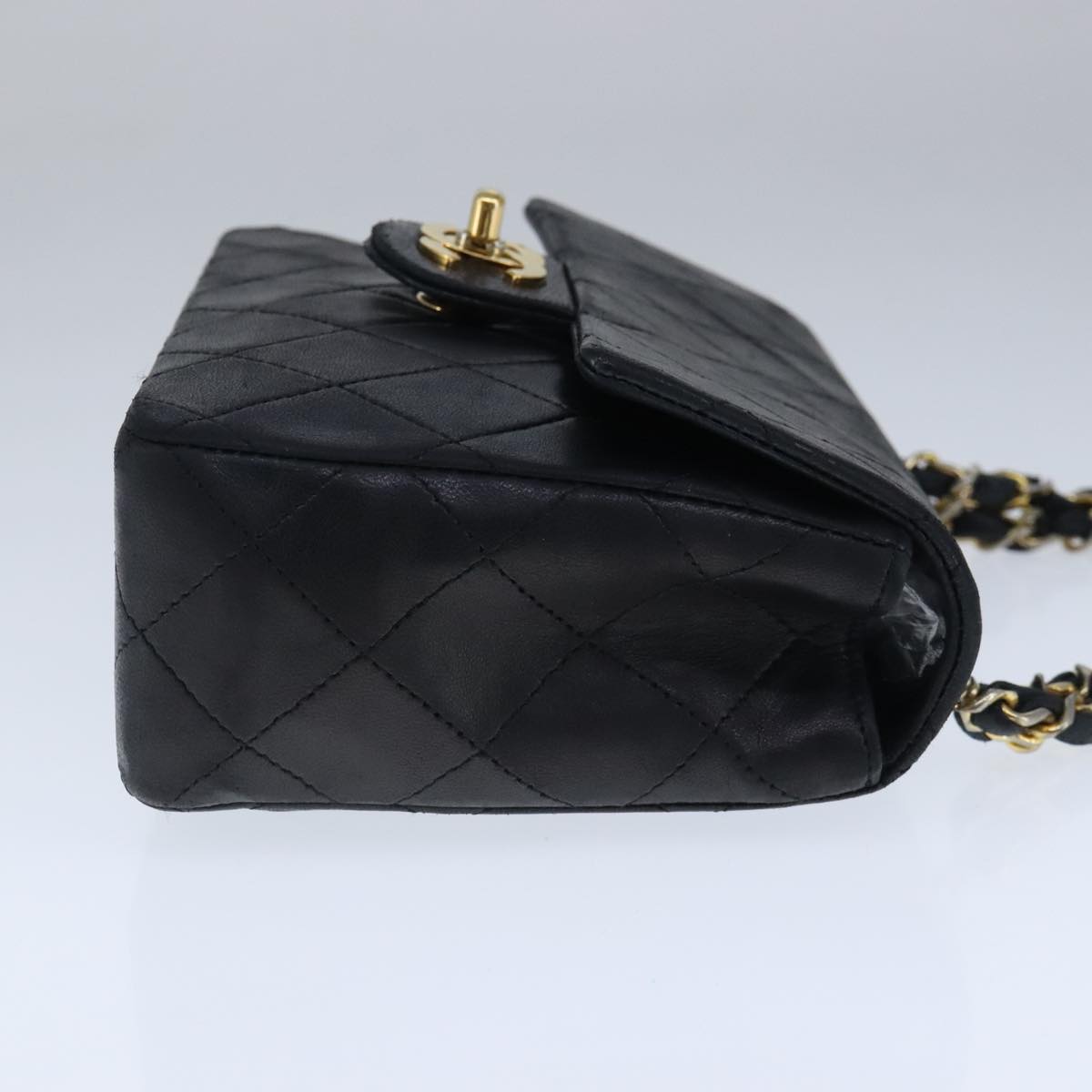 CHANEL Mini Materasse 17 Chain Hand Bag Lamb Skin Black Gold CC PP027