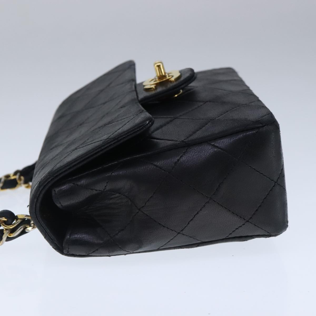 CHANEL Mini Materasse 17 Chain Hand Bag Lamb Skin Black Gold CC PP027