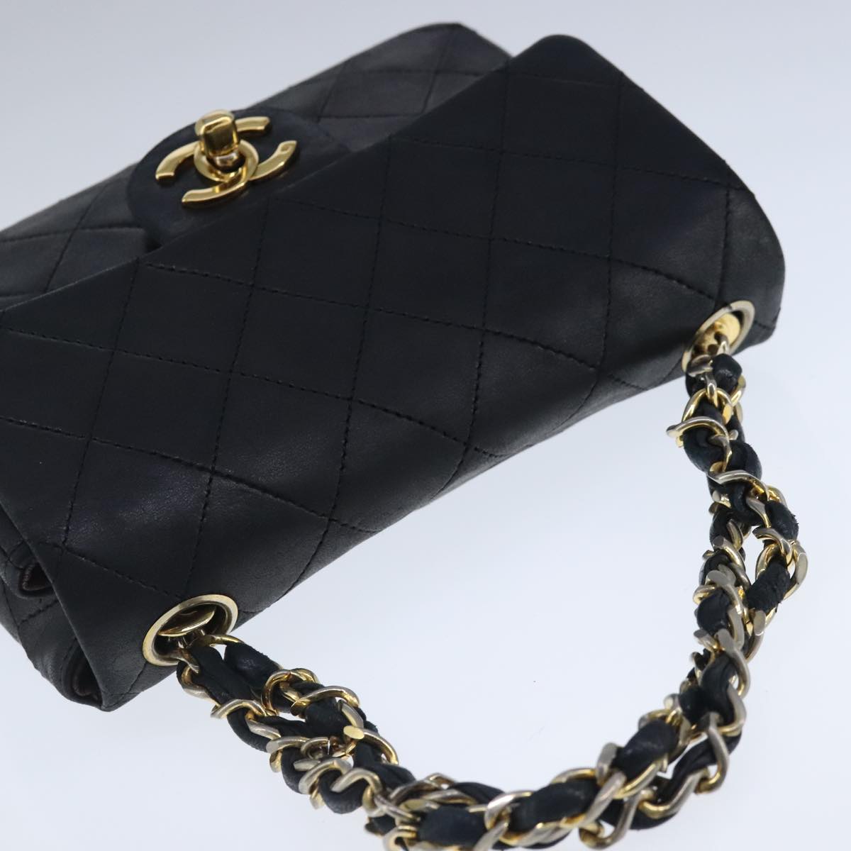 CHANEL Mini Materasse 17 Chain Hand Bag Lamb Skin Black Gold CC PP027
