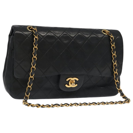 CHANEL Chain Matelasse 25 Shoulder Bag Lamb Skin Black Gold CC PP032A