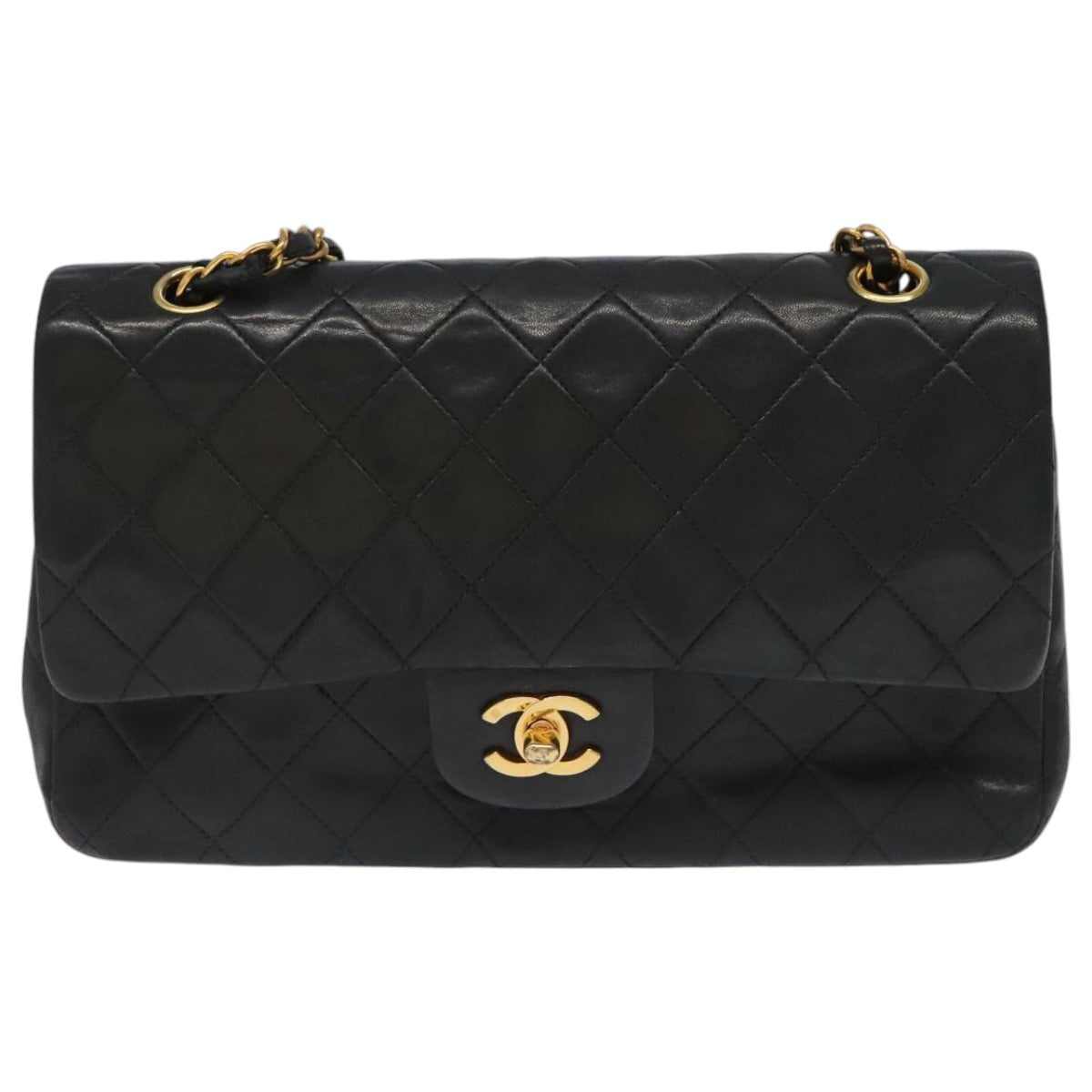 CHANEL Chain Matelasse 25 Shoulder Bag Lamb Skin Black Gold CC PP032A