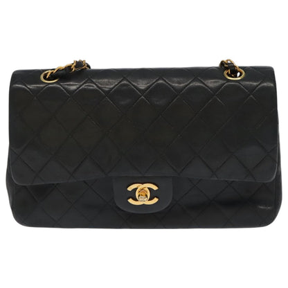 CHANEL Chain Matelasse 25 Shoulder Bag Lamb Skin Black Gold CC PP032A