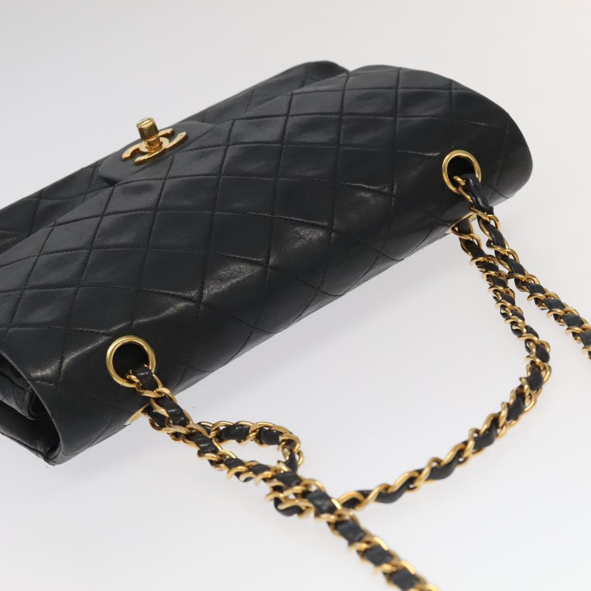 CHANEL Chain Matelasse 25 Shoulder Bag Lamb Skin Black Gold CC PP032A
