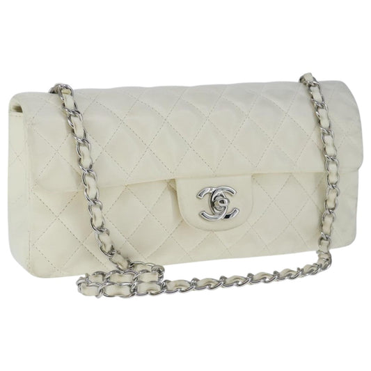 CHANEL Matelasse Chain Shoulder Bag Lamb Skin White Silver CC PP036