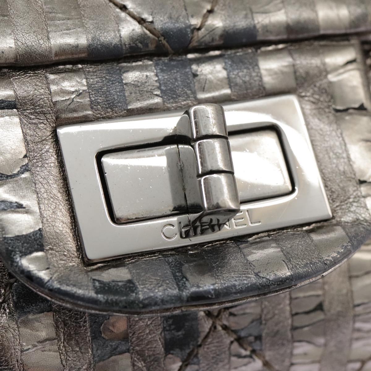 CHANEL Matelasse 25.5 Double Chain Bag Coated leather Silver tone CC PP046