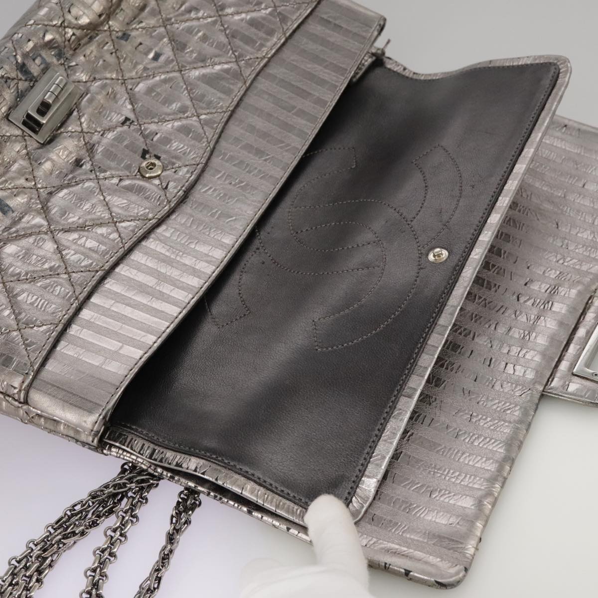 CHANEL Matelasse 25.5 Double Chain Bag Coated leather Silver tone CC PP046