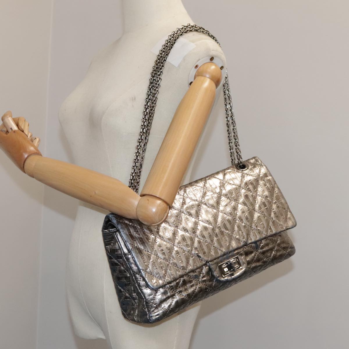 CHANEL Matelasse 25.5 Double Chain Bag Coated leather Silver tone CC PP046
