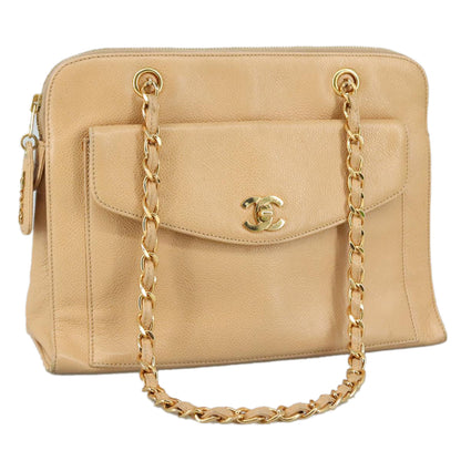 CHANEL Chain Shoulder Bag Caviar Skin Beige Gold CC PP063