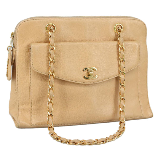 CHANEL Chain Shoulder Bag Caviar Skin Beige Gold CC PP063