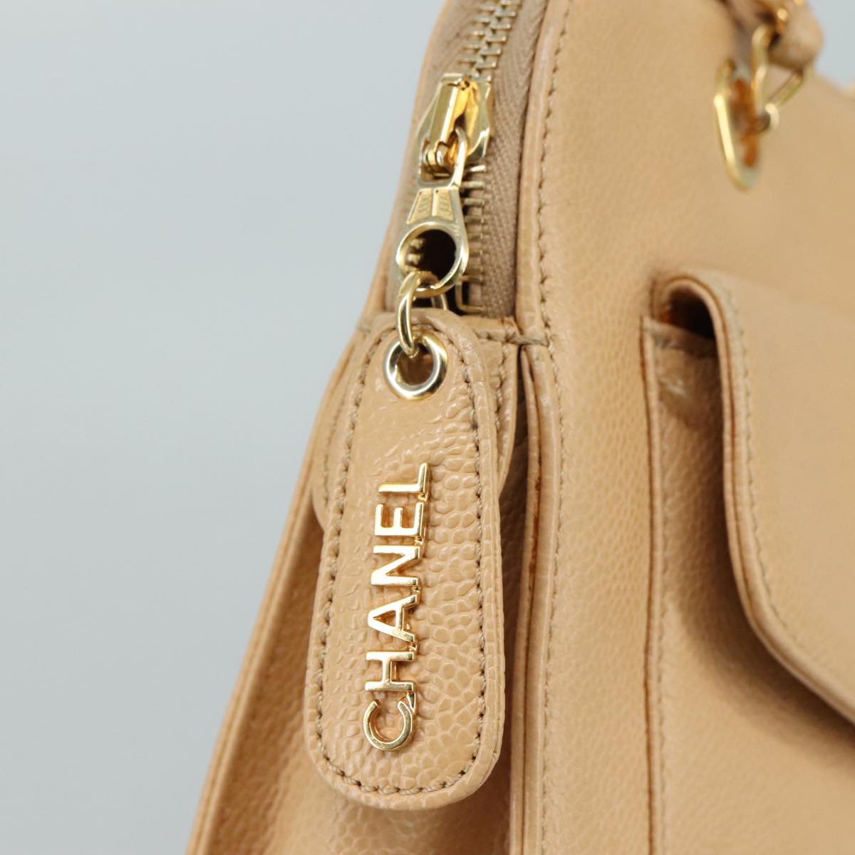 CHANEL Chain Shoulder Bag Caviar Skin Beige Gold CC PP063