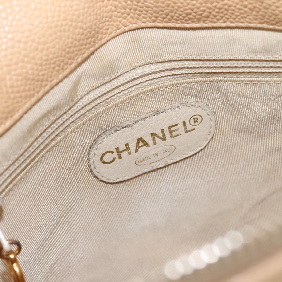 CHANEL Chain Shoulder Bag Caviar Skin Beige Gold CC PP063