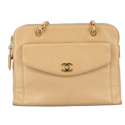 CHANEL Chain Shoulder Bag Caviar Skin Beige Gold CC PP063