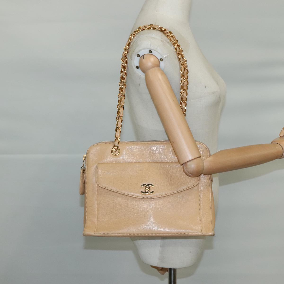 CHANEL Chain Shoulder Bag Caviar Skin Beige Gold CC PP063