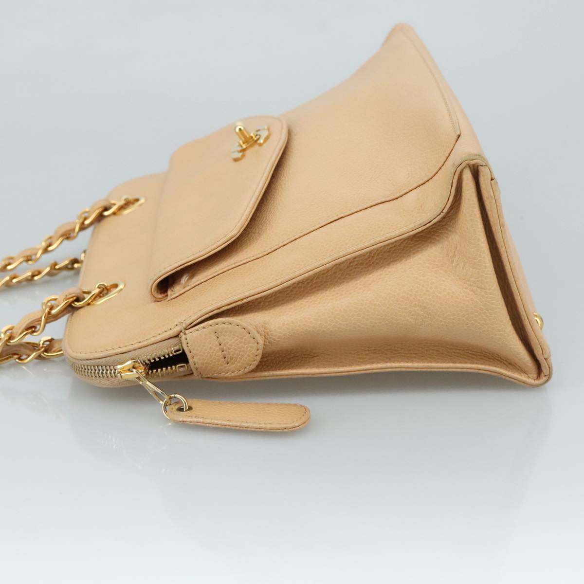 CHANEL Chain Shoulder Bag Caviar Skin Beige Gold CC PP063