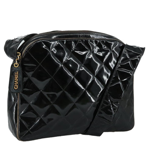 CHANEL Matelasse Shoulder Bag Patent Leather Black Gold CC PP073