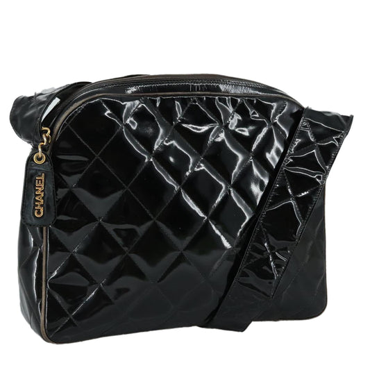 CHANEL Matelasse Shoulder Bag Patent Leather Black Gold CC PP073