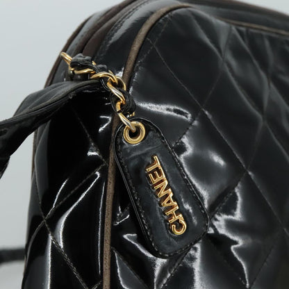 CHANEL Matelasse Shoulder Bag Patent Leather Black Gold CC PP073