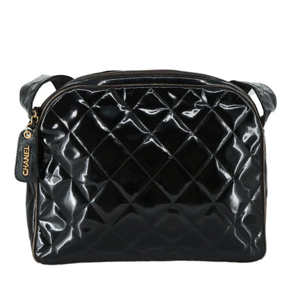 CHANEL Matelasse Shoulder Bag Patent Leather Black Gold CC PP073