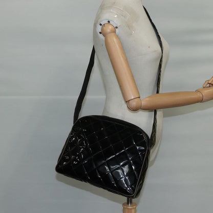 CHANEL Matelasse Shoulder Bag Patent Leather Black Gold CC PP073