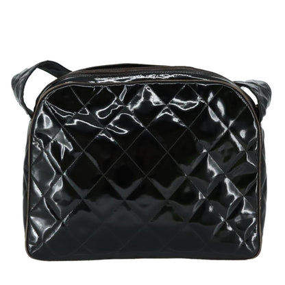 CHANEL Matelasse Shoulder Bag Patent Leather Black Gold CC PP073