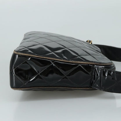 CHANEL Matelasse Shoulder Bag Patent Leather Black Gold CC PP073