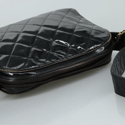CHANEL Matelasse Shoulder Bag Patent Leather Black Gold CC PP073