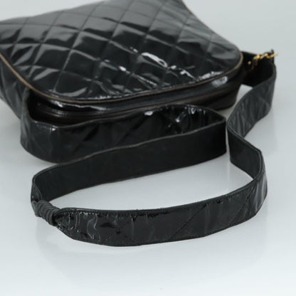 CHANEL Matelasse Shoulder Bag Patent Leather Black Gold CC PP073